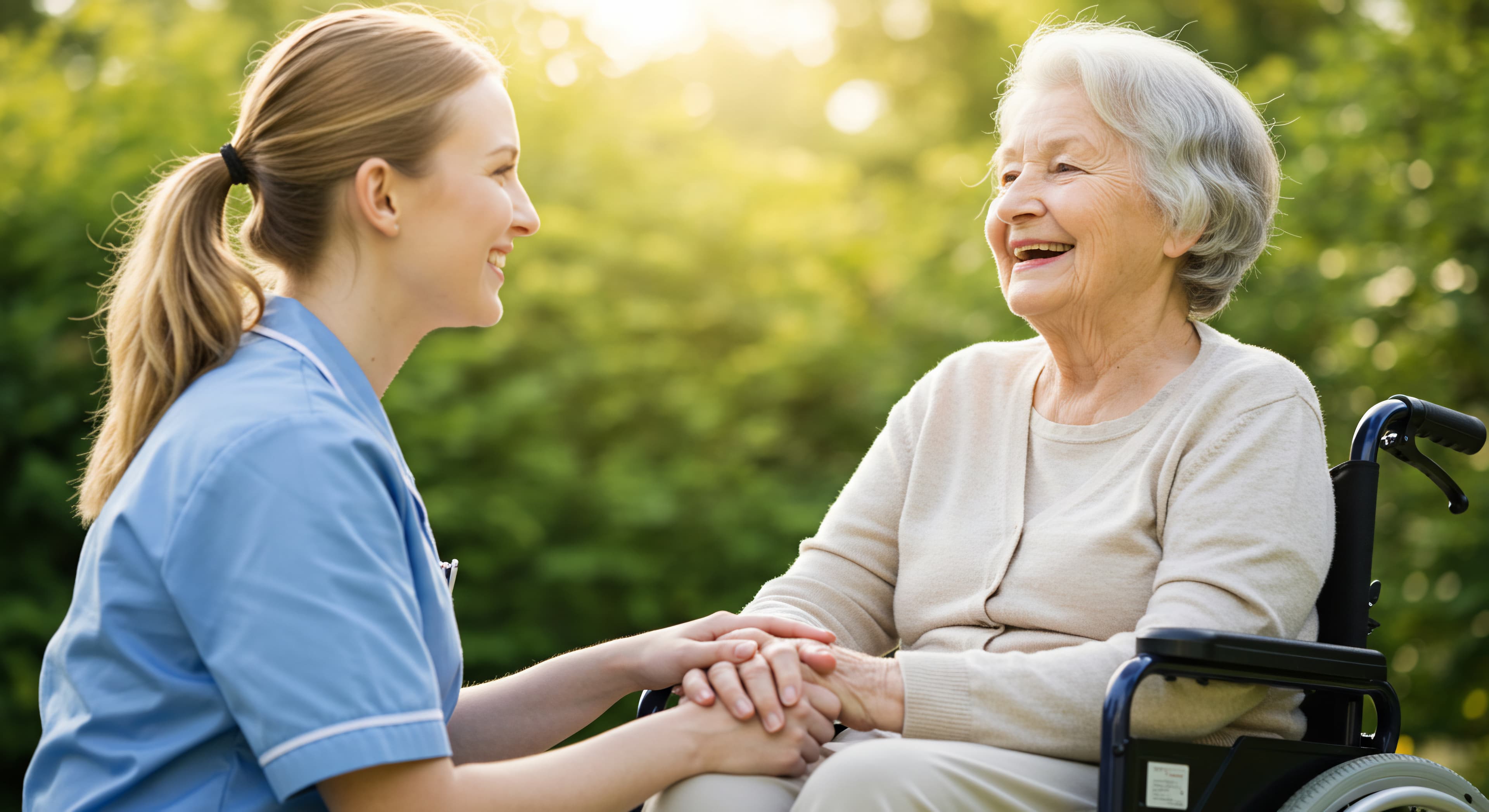 A caregiver in blue scrubs holding hands and laughing with an older woman outdoors in warm sunlight